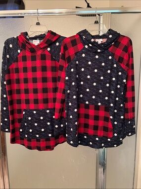 LuLaRoe Amber Red and Black Buffalo Plaid with Navy Polka Dot Hoodie Sweatshirt